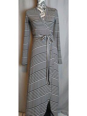 Artelier Nicole Miller Black White Stripe Wrap Maxi Dress Long Sleeve S Jersey
